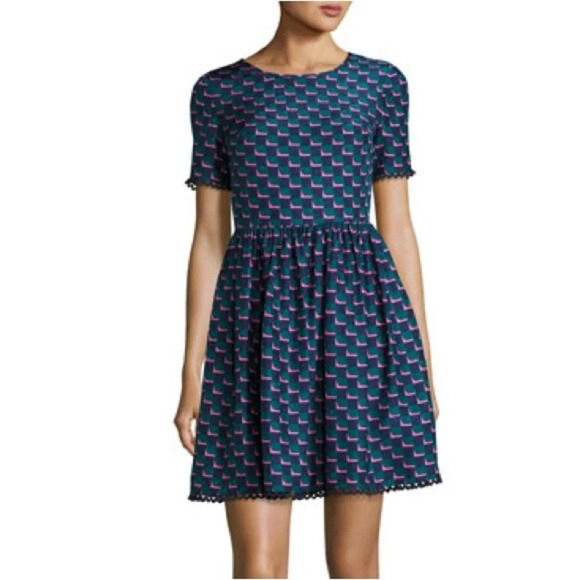 NWOT KENZO Silk Jacquard Scalloped Check Dress Blue Designer Women’s Small - Picture 1 of 13